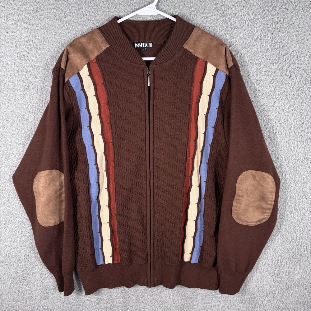 Inserch Full Zip Sweater Mens L Brown Full Zip Elbow Patches Striped Casual